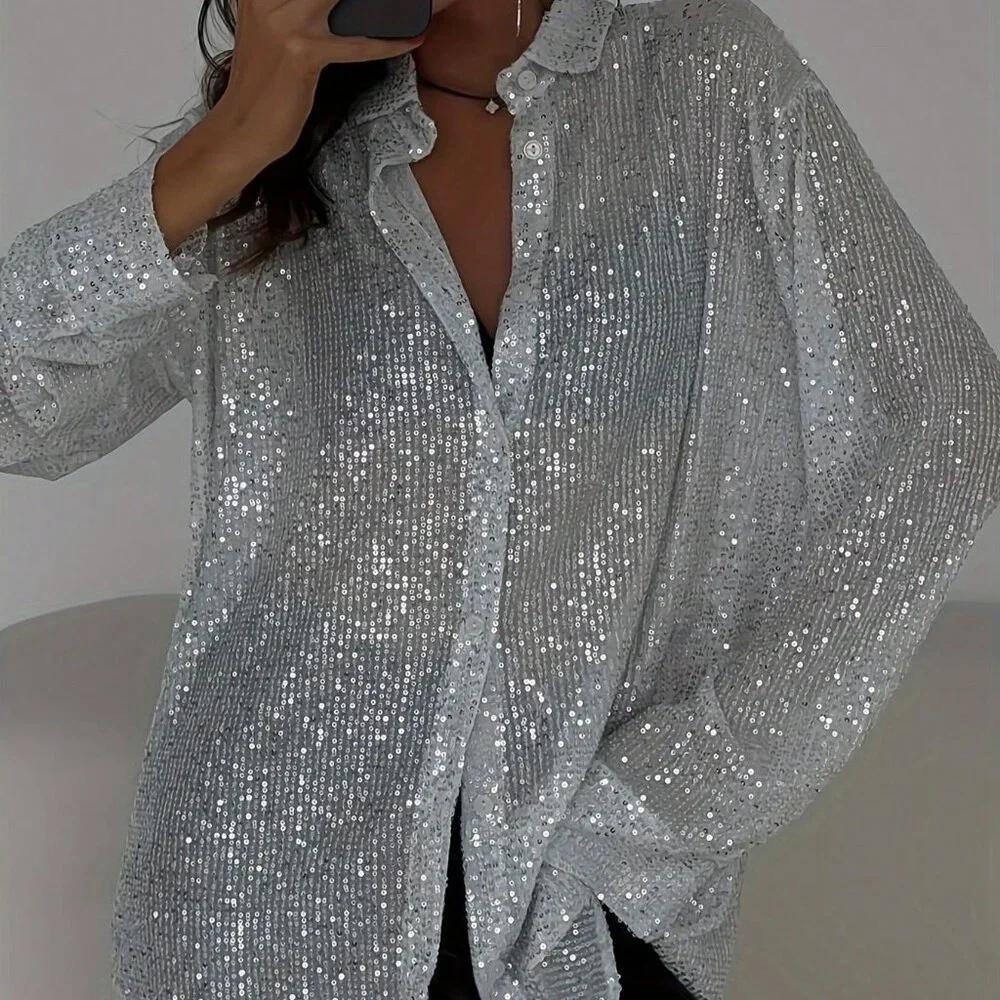 White Sexy Women's Sequined Long Sleeve Collared Button-Down Cardigan - Picture 3 of 5